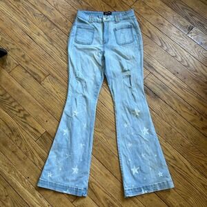 Fashion Nova Star Print Flare Jeans Light Wash‎ Distressed Bell Bottom Size 15